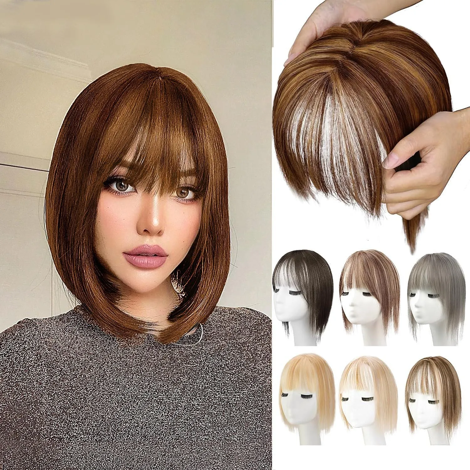Women's hand-woven high temperature fibre wig natural lightweight breathable cover grey hair invisible cap