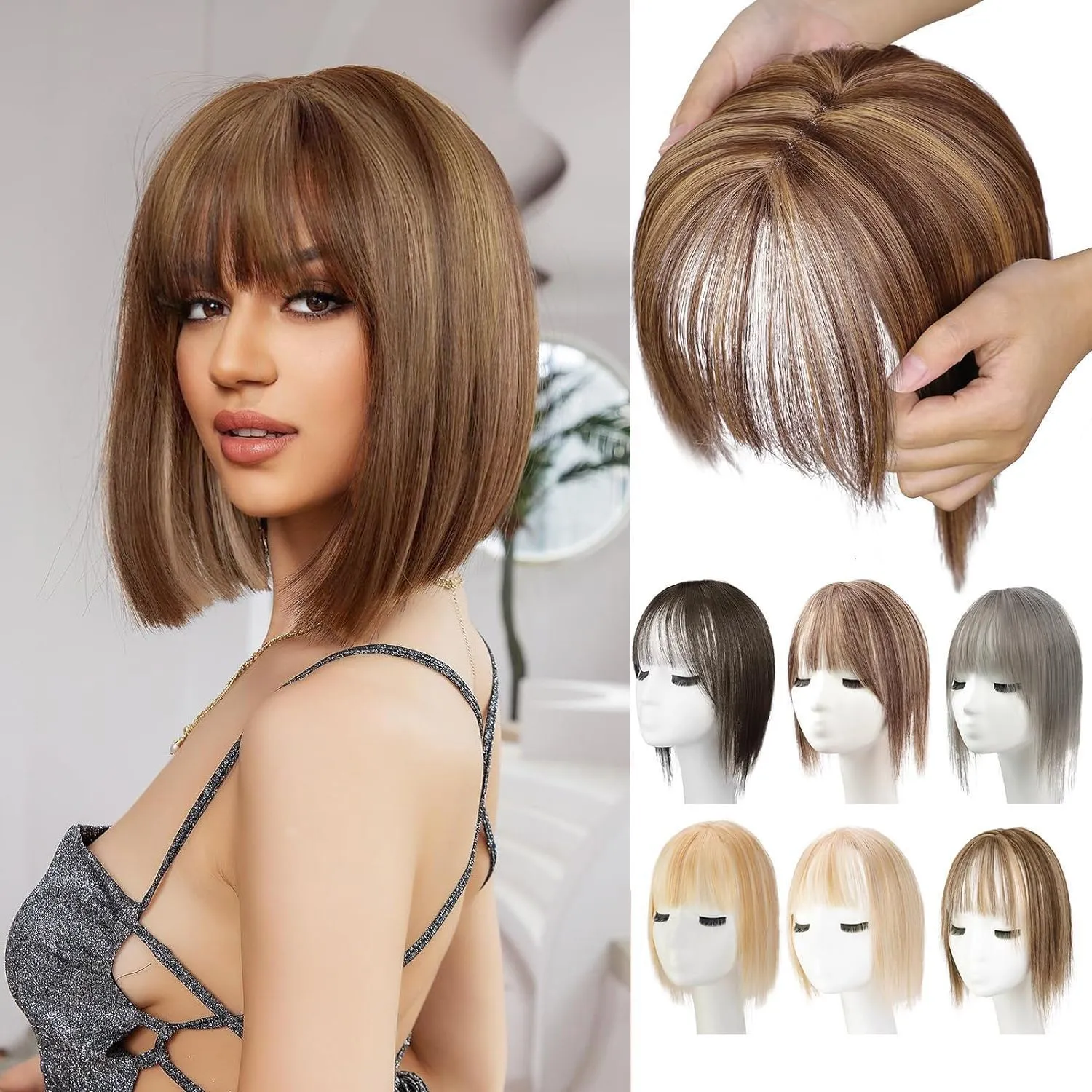 Women's hand-woven high temperature fibre wig natural lightweight breathable cover grey hair invisible cap