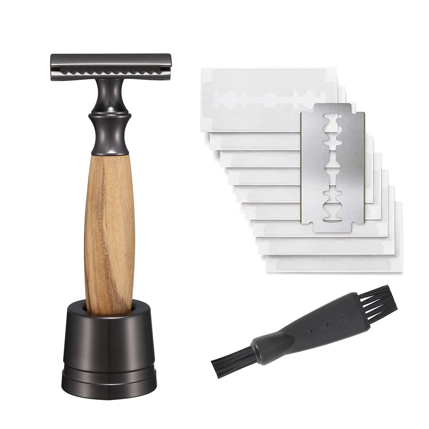 Men's copper manual shaving razor with olive wood handle and aluminium alloy components