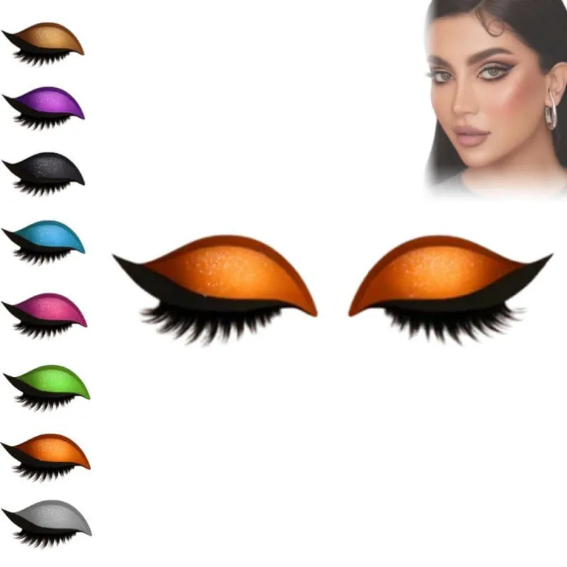 Lazy eyeshadow eyelash stickers in eight colour options on a white background