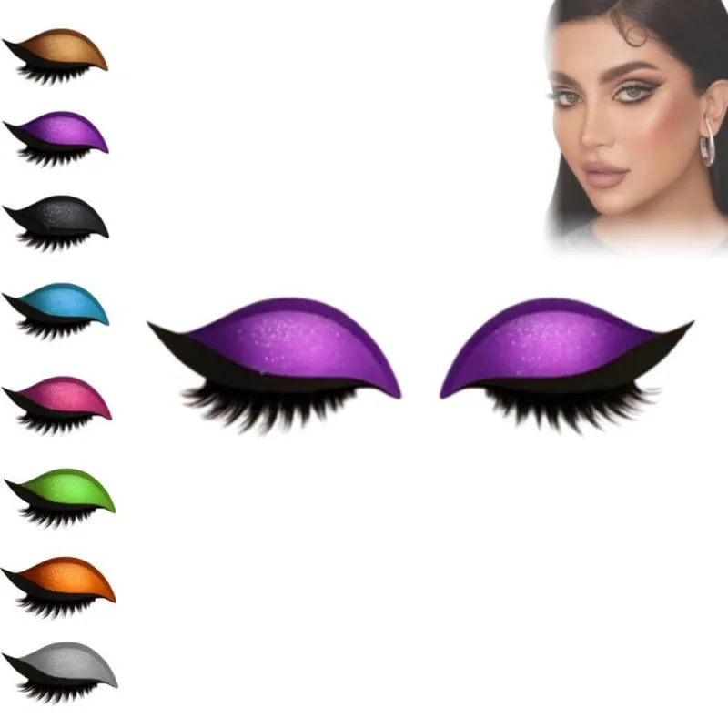 Lazy eyeshadow eyelash stickers in eight colour options on a white background