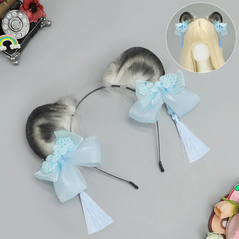 Handmade panda animal ears headband with tassel in pink, blue, green, purple – plush material unisex accessory