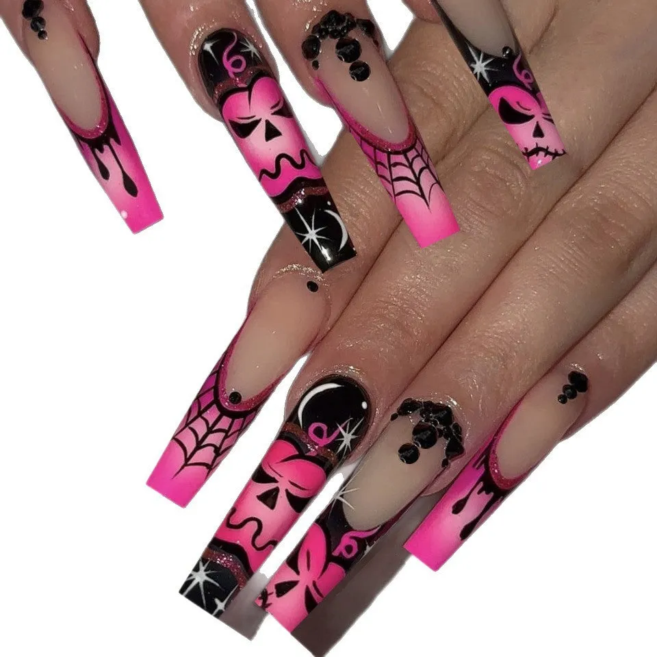 Z-123 rose pumpkin long T shape fake nail tips in retro French style with glue type, plastic set for Halloween