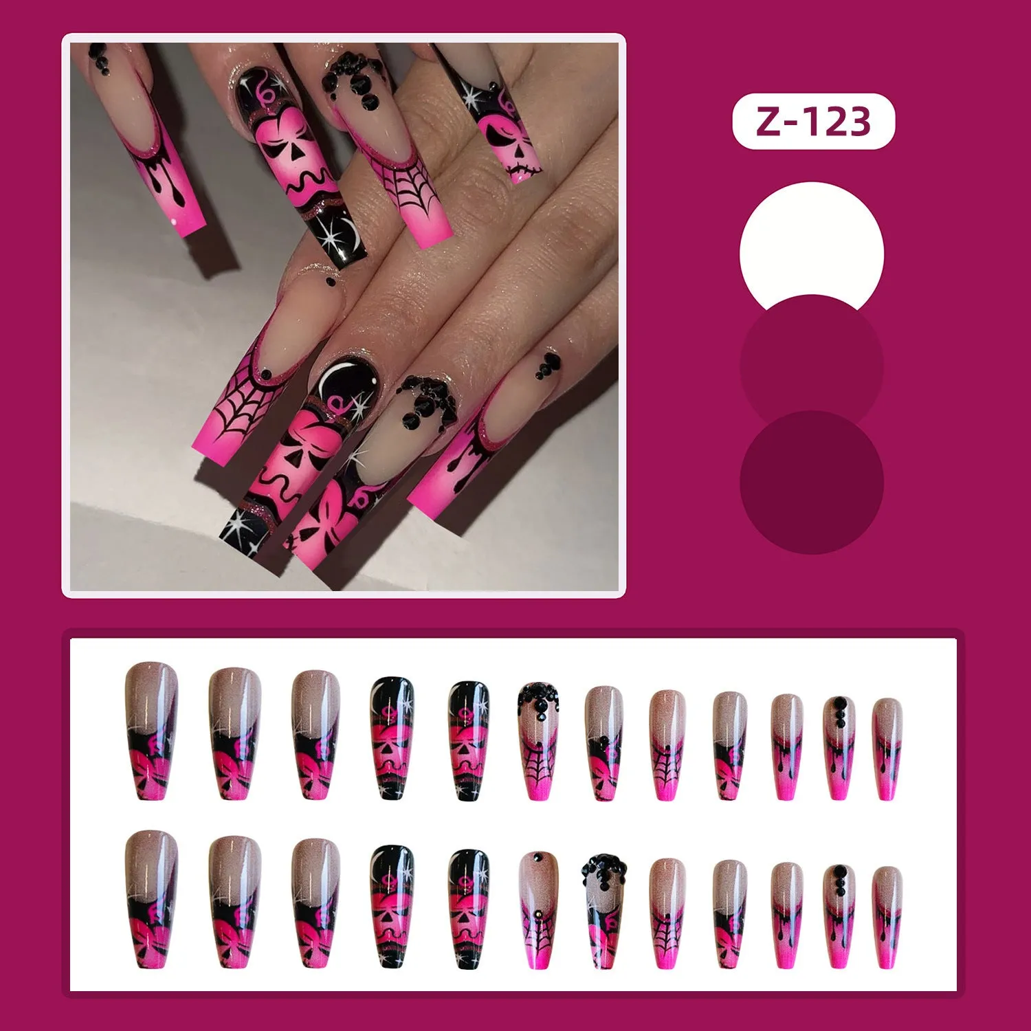 Z-123 rose pumpkin long T shape fake nail tips in retro French style with glue type, plastic set for Halloween