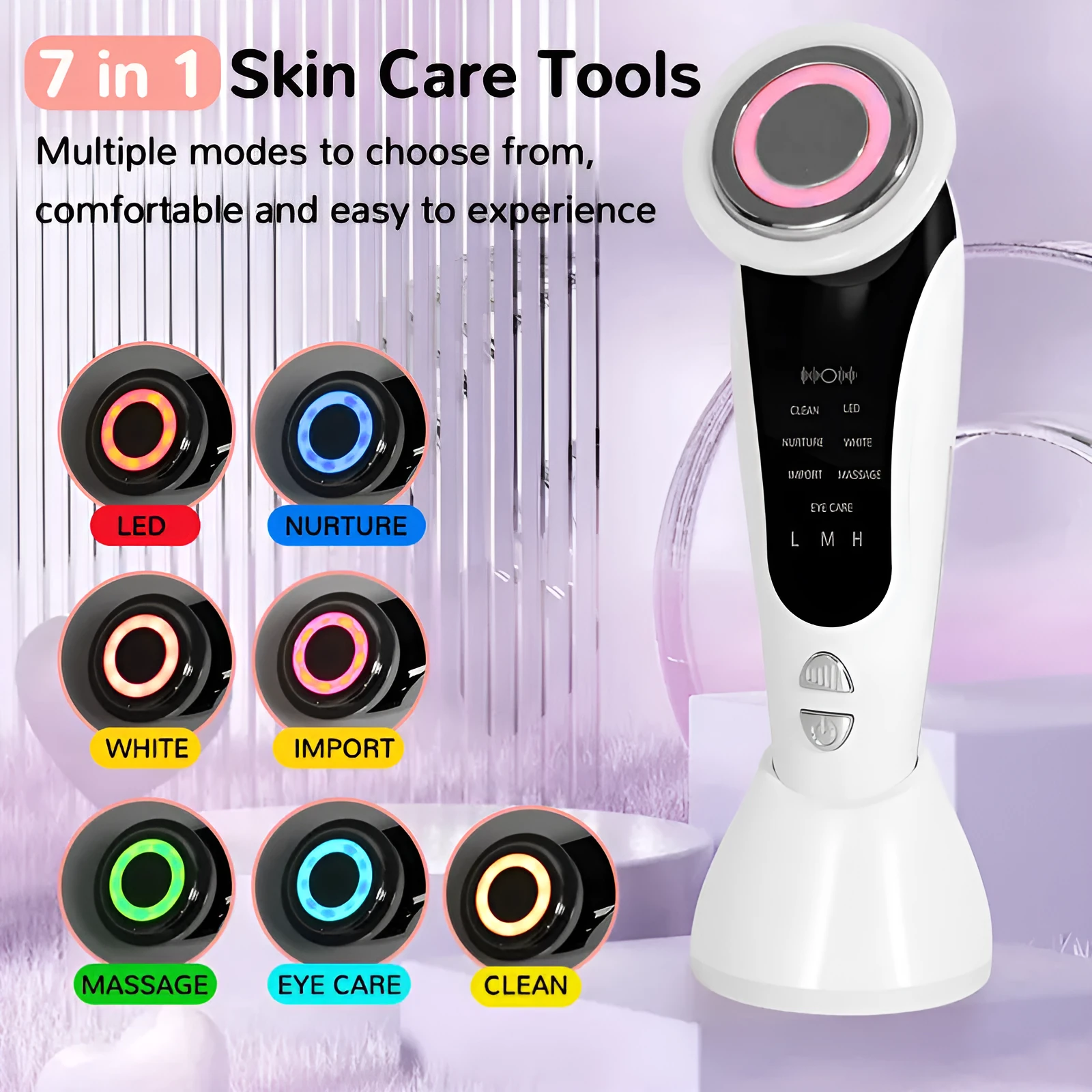 Red and blue light therapy face lifting instrument with EMS vibration, white colour, on a clean surface