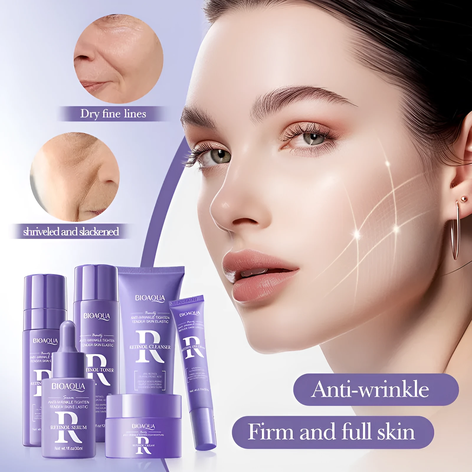 BIOAOUA Bioaqua retinol anti-wrinkle firming high moisturising 6-piece facial care gift box with six products on display