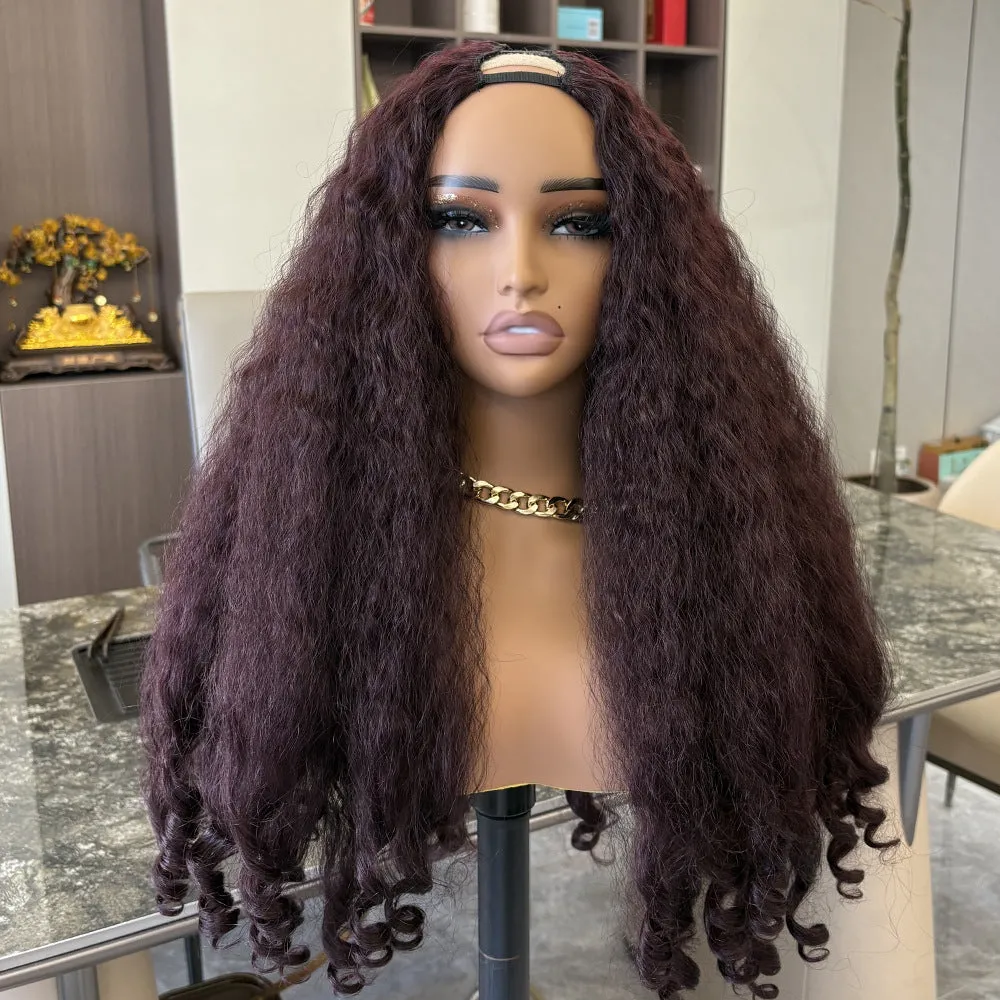 Women's wine red V-curly wig with high temperature fibre for a natural look