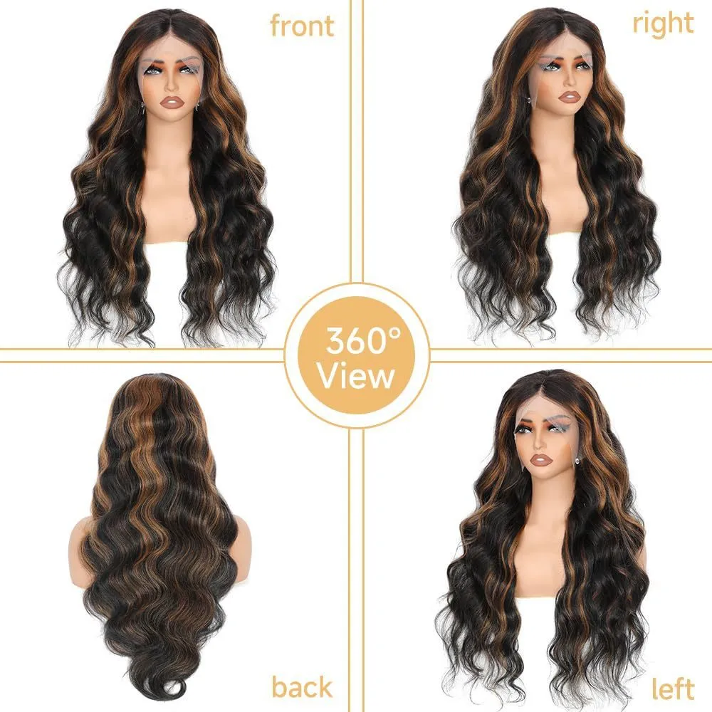 Ladies front lace synthetic wig brown medium long curly big wave M1559 1B/30# 24 inches