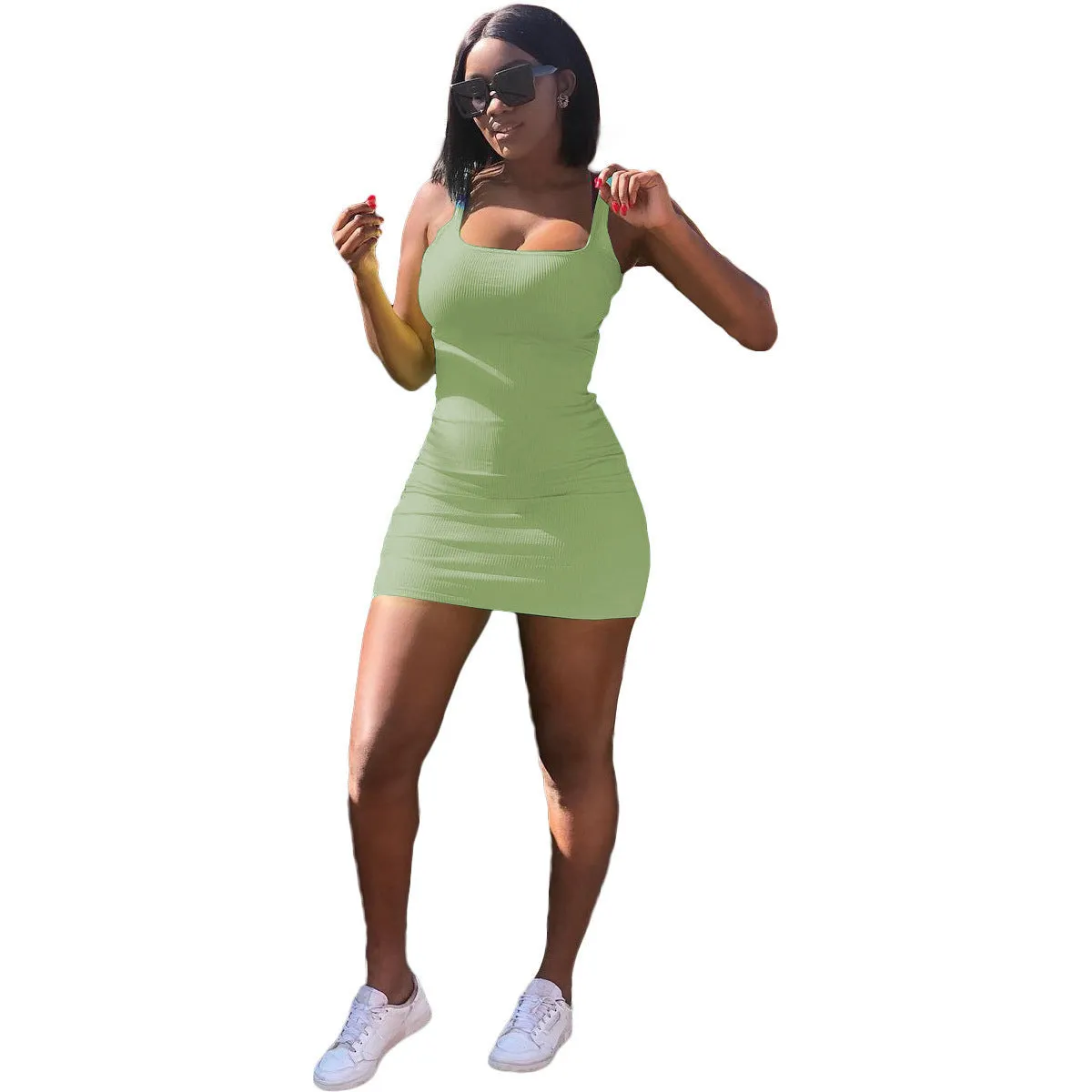 Women's casual slim fit dress with big U-neck, sunken stripe straps, and short skirt.