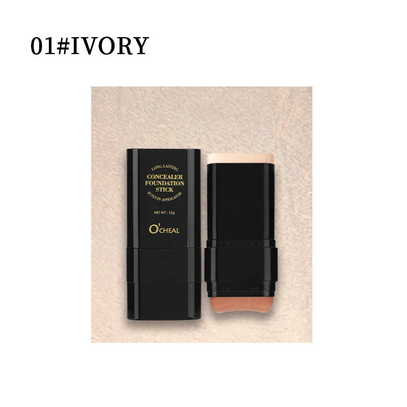 Two-in-one makeup concealer stick with liquid foundation cream and powder puff brush in hand