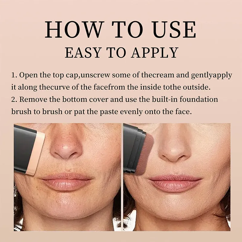 Two-in-one makeup concealer stick with liquid foundation cream and powder puff brush in hand
