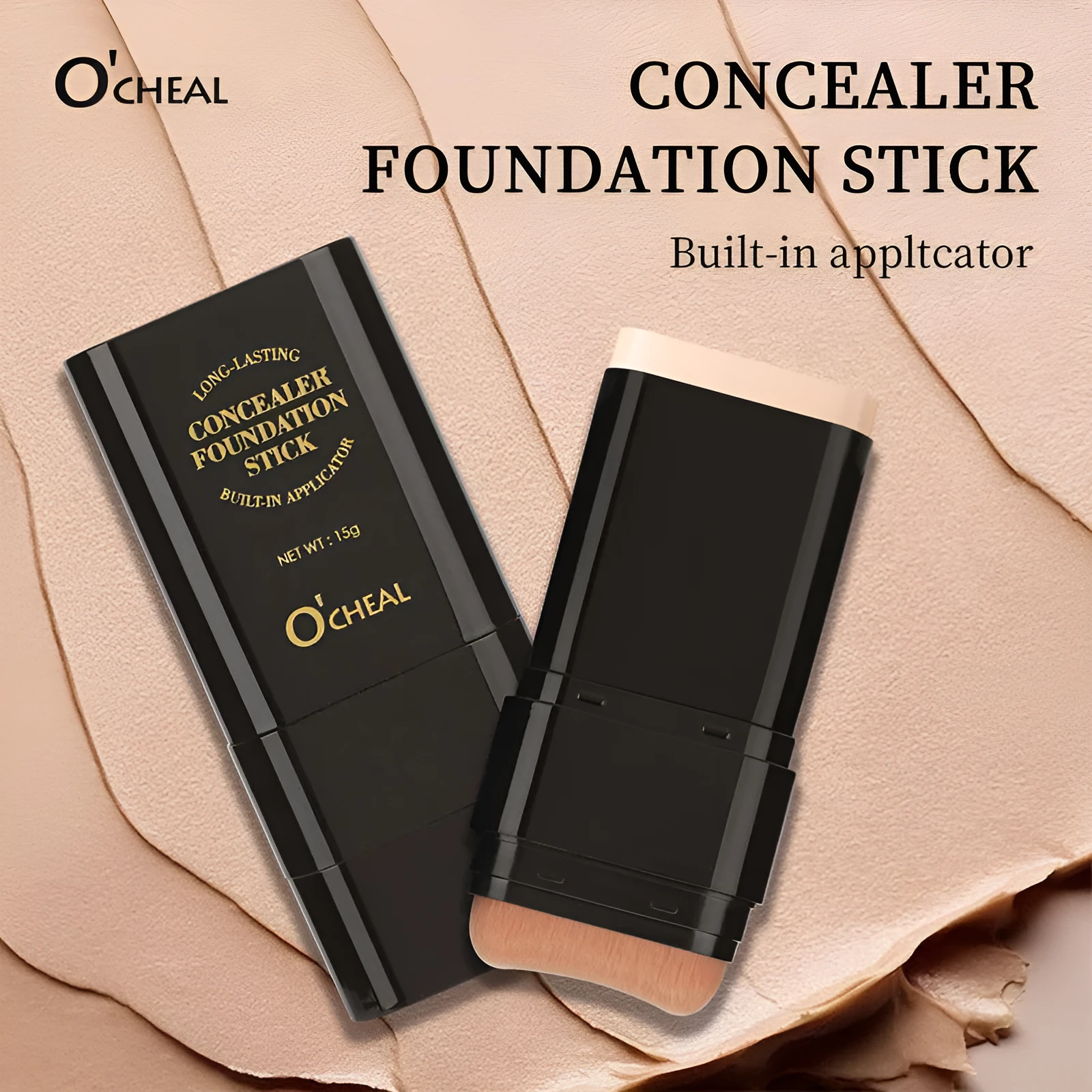Two-in-one makeup concealer stick with liquid foundation cream and powder puff brush in hand