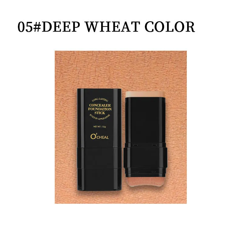 Two-in-one makeup concealer stick with liquid foundation cream and powder puff brush in hand