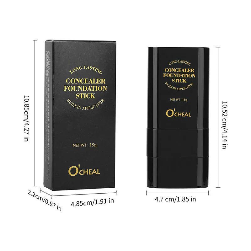 Two-in-one makeup concealer stick with liquid foundation cream and powder puff brush in hand