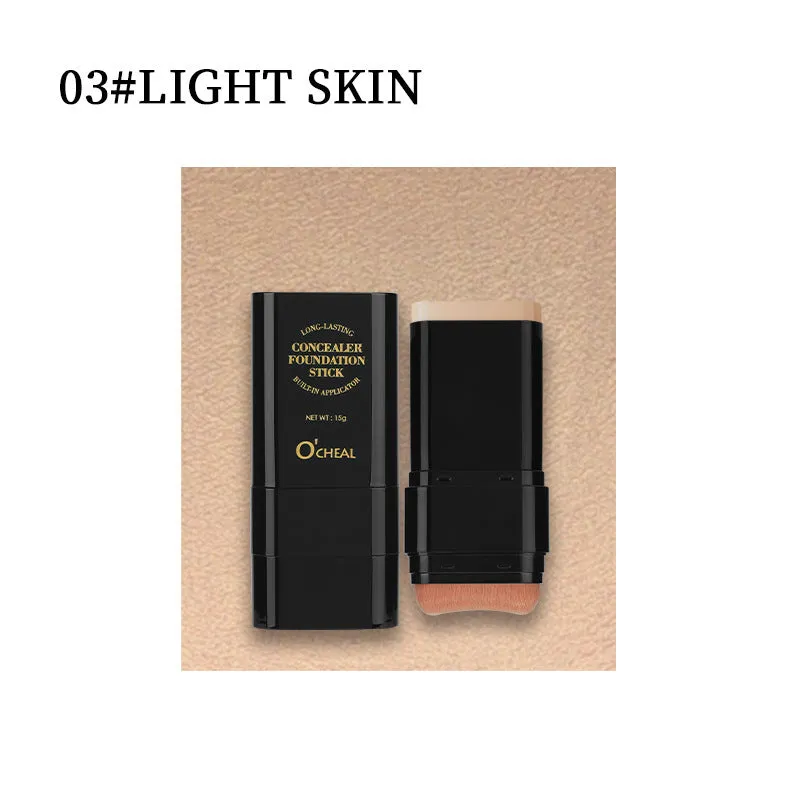Two-in-one makeup concealer stick with liquid foundation cream and powder puff brush in hand