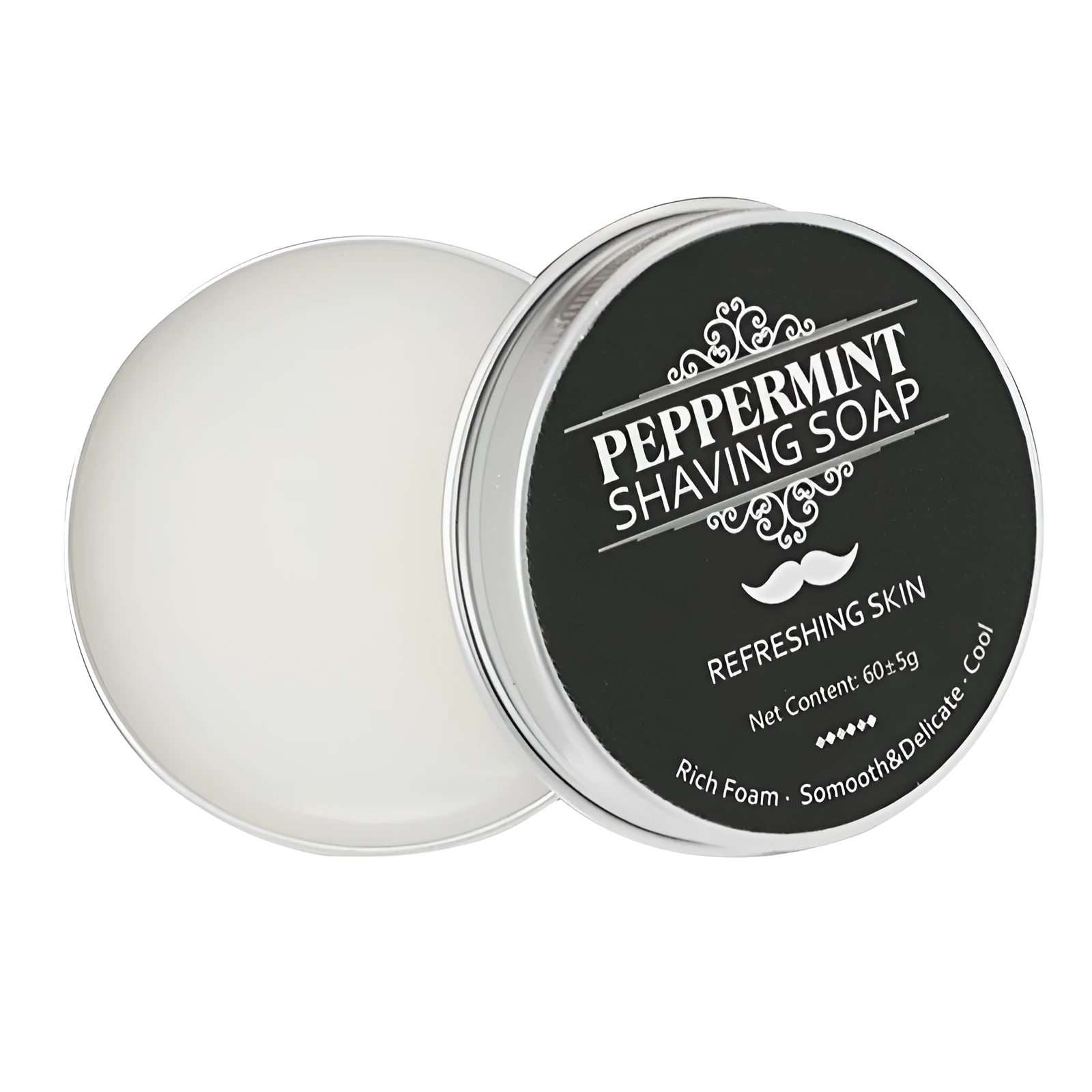Mint scented shaving soap in aluminium box with rich foam on brush