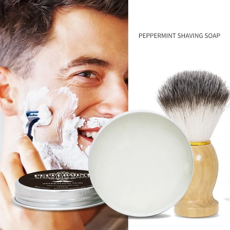 Mint scented shaving soap in aluminium box with rich foam on brush
