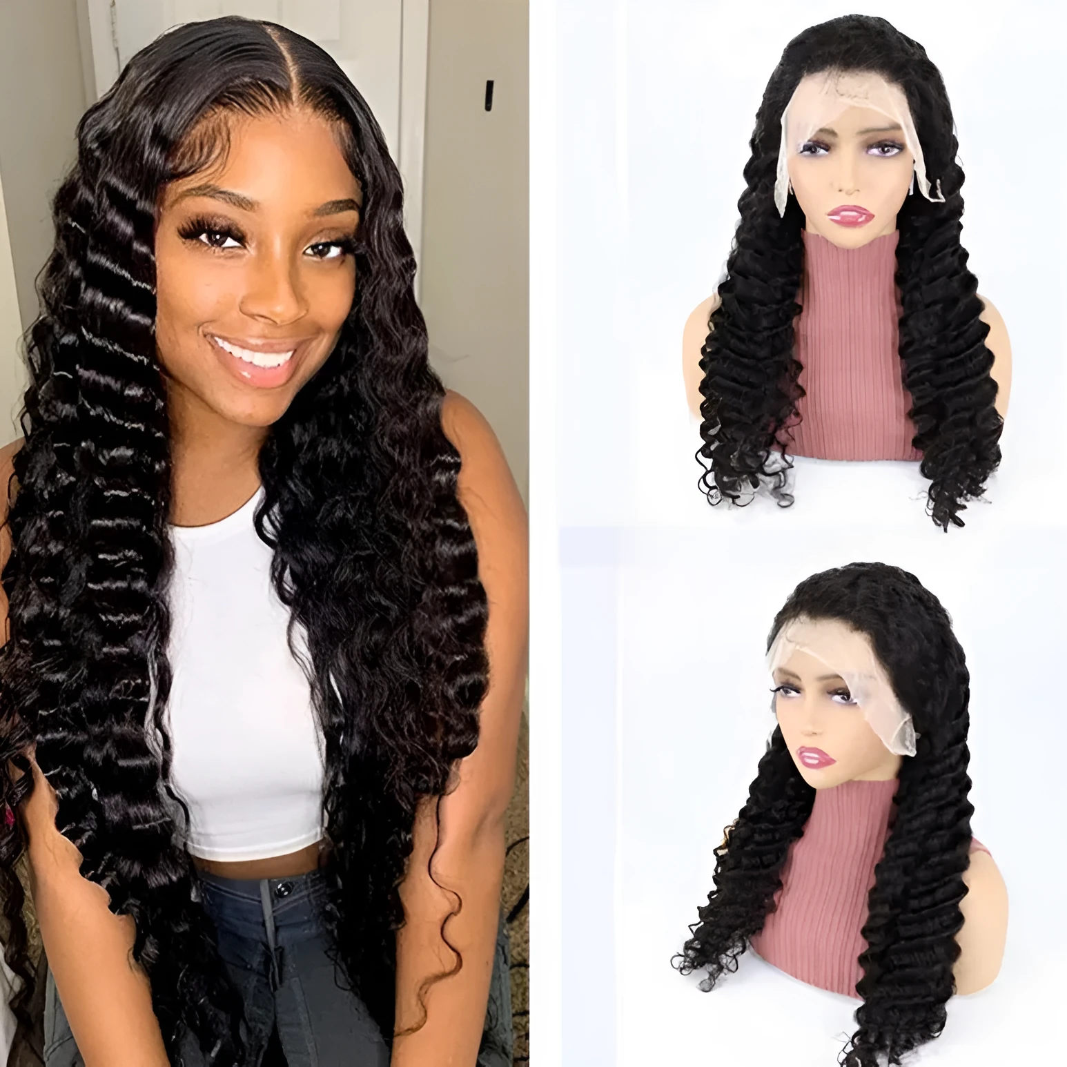 Solid colour human hair half lace front wig shown in one of nine available lengths from 18 to 34 inches