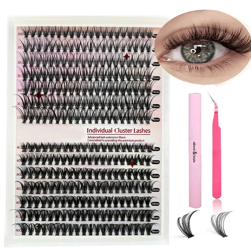 DIY mixed package of 30D and 40D cluster false eyelashes with tweezers on a pink background.