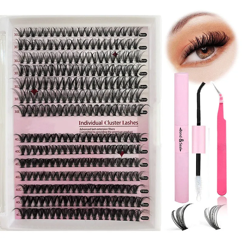 DIY mixed package of 30D and 40D cluster false eyelashes with tweezers on a pink background.