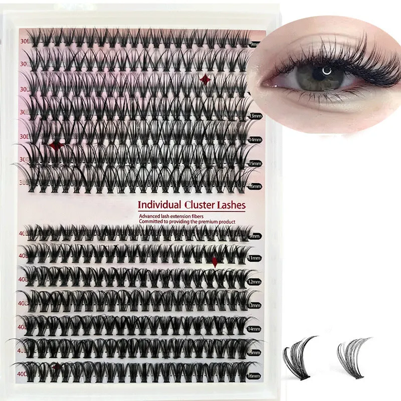 DIY mixed package of 30D and 40D cluster false eyelashes with tweezers on a pink background.
