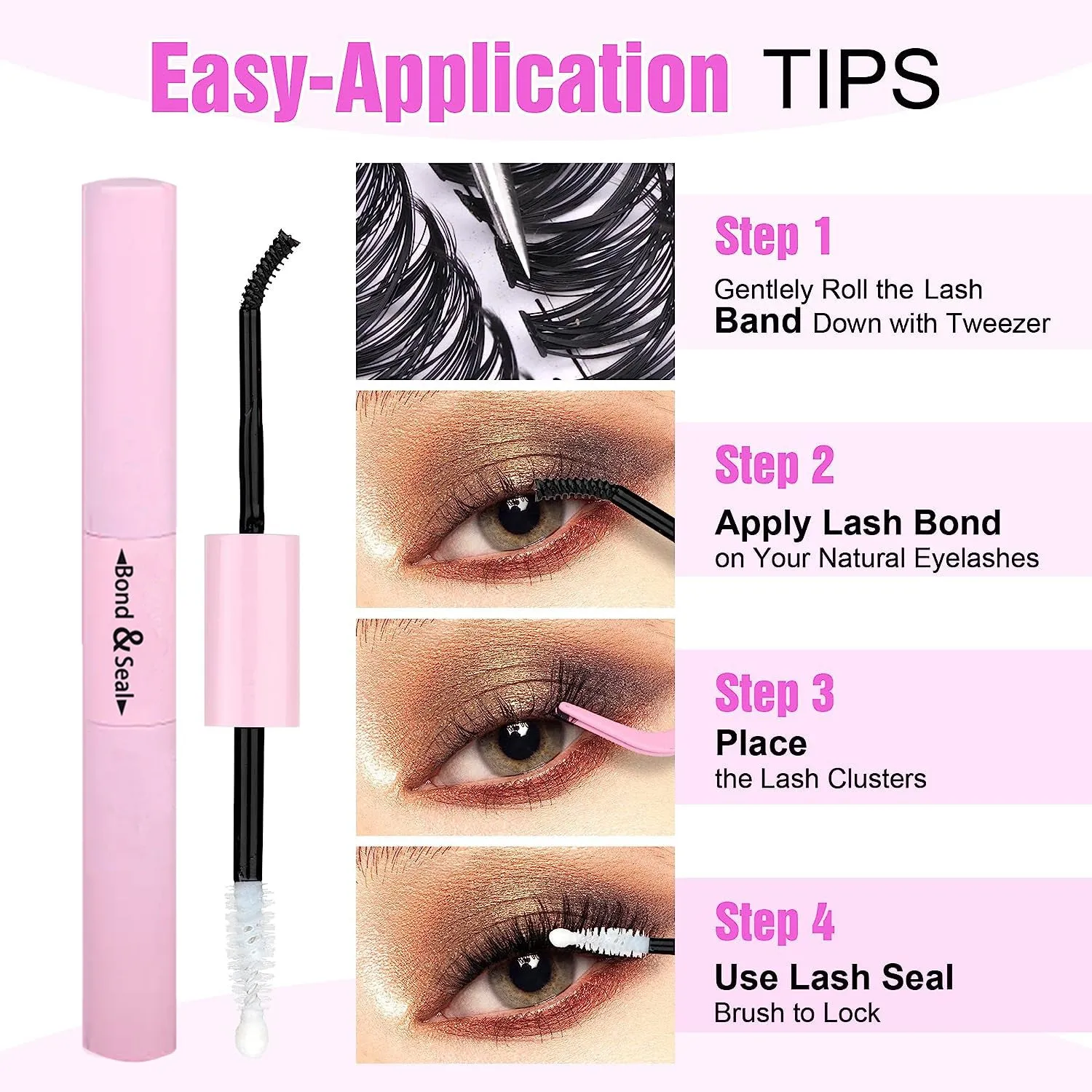 DIY mixed package of 30D and 40D cluster false eyelashes with tweezers on a pink background.