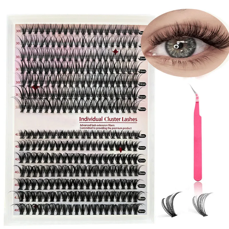DIY mixed package of 30D and 40D cluster false eyelashes with tweezers on a pink background.
