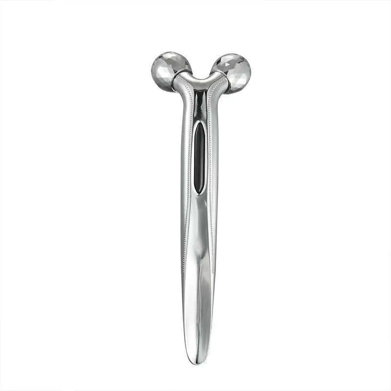 3D face-lifting manual roller massager with positive ion function in silver UV-plated finish