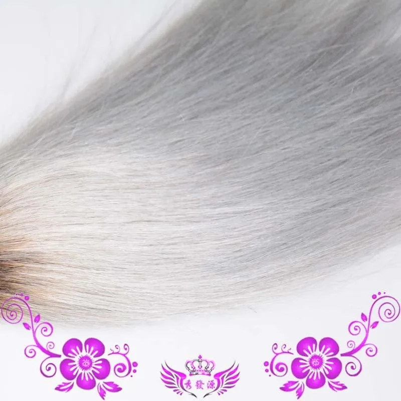 Smoke gray real hair wig with soft silk texture, available in 8 to 30 inch lengths for women