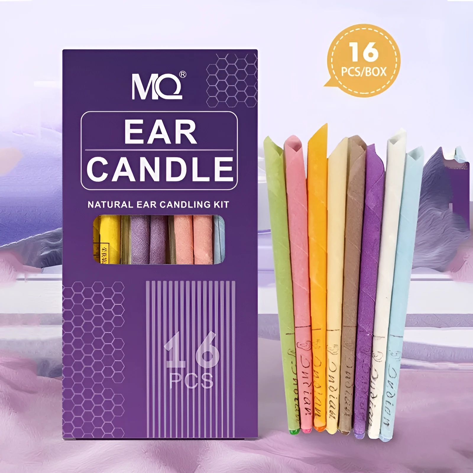 MQ Horn ear candle set with 16 candles, 8 protection boards, 16 swabs in eight colours for health massage