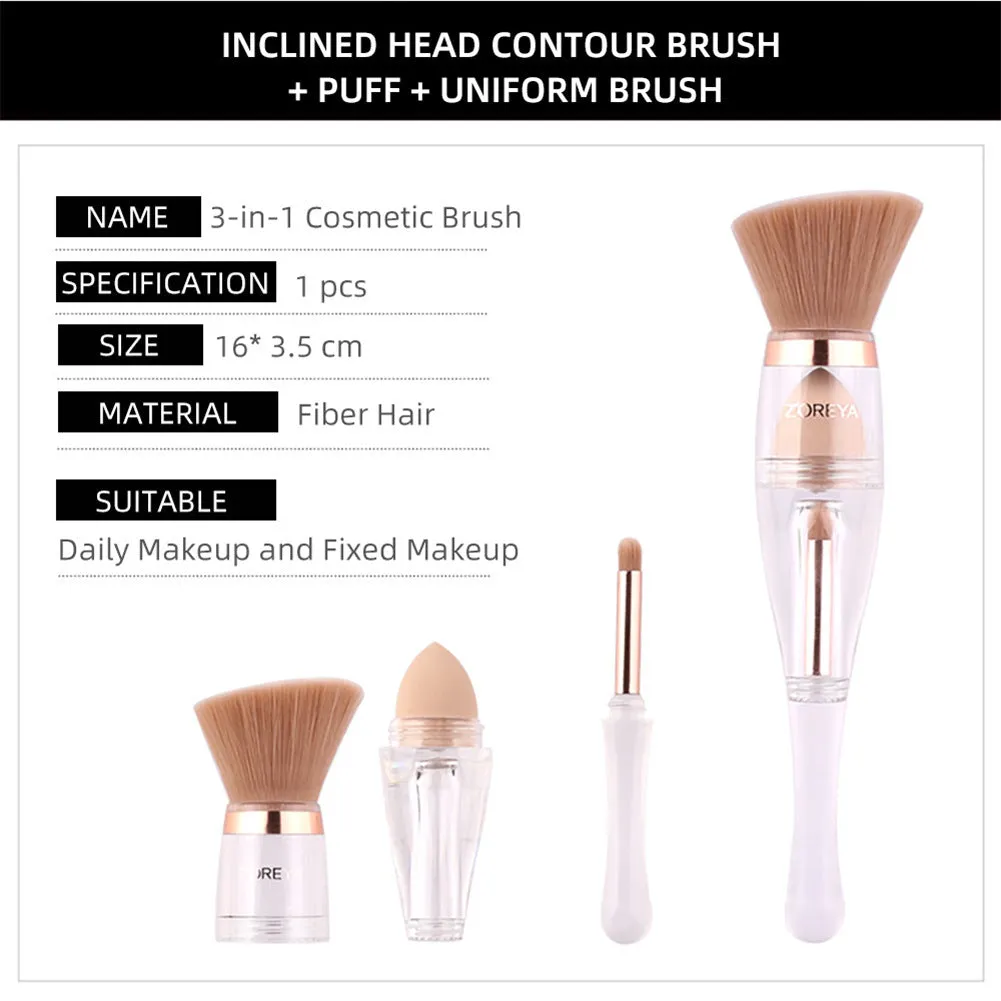 3 in 1 makeup brush with artificial fibre bristles and acrylic handle, 16cm length, pink colour option