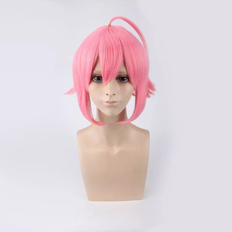 Pink upturned cosplay wig with artificial scalp and rose net inner cap, 35cm length, pre-styled for costume use.