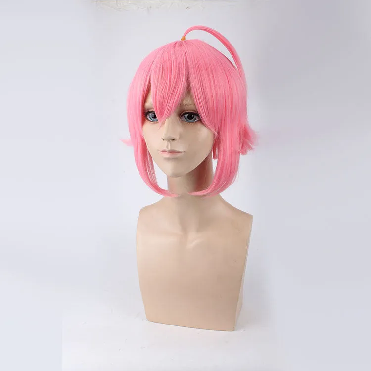 Pink upturned cosplay wig with artificial scalp and rose net inner cap, 35cm length, pre-styled for costume use.