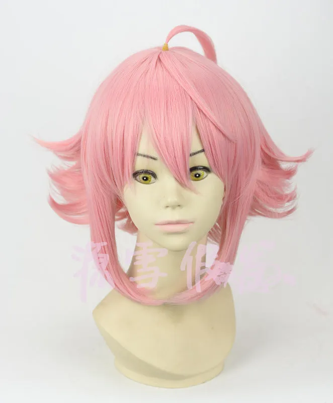 Pink upturned cosplay wig with artificial scalp and rose net inner cap, 35cm length, pre-styled for costume use.