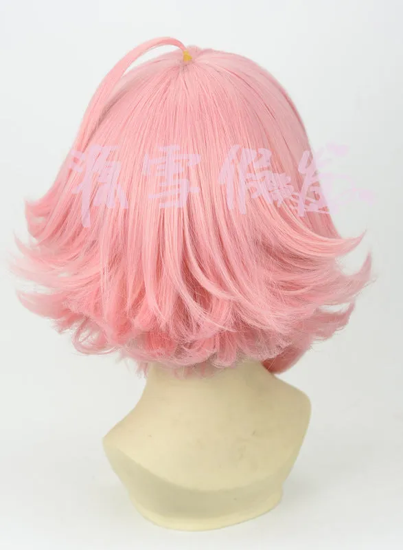 Pink upturned cosplay wig with artificial scalp and rose net inner cap, 35cm length, pre-styled for costume use.