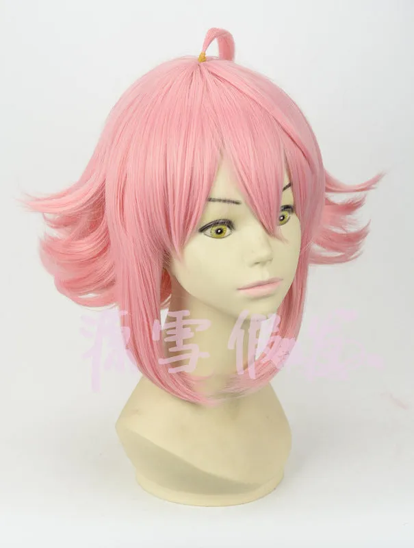 Pink upturned cosplay wig with artificial scalp and rose net inner cap, 35cm length, pre-styled for costume use.