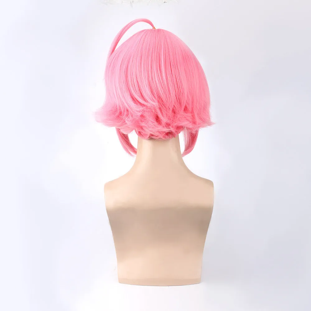 Pink upturned cosplay wig with artificial scalp and rose net inner cap, 35cm length, pre-styled for costume use.
