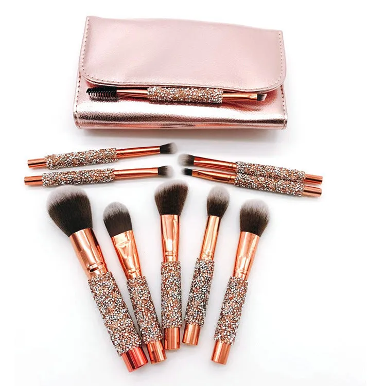10-piece diamond wrap makeup brush set with colourful nylon bristles for precise eye and lip makeup application