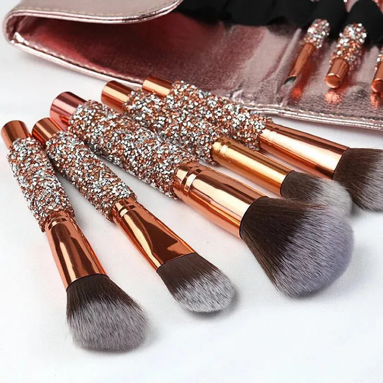 10-piece diamond wrap makeup brush set with colourful nylon bristles for precise eye and lip makeup application