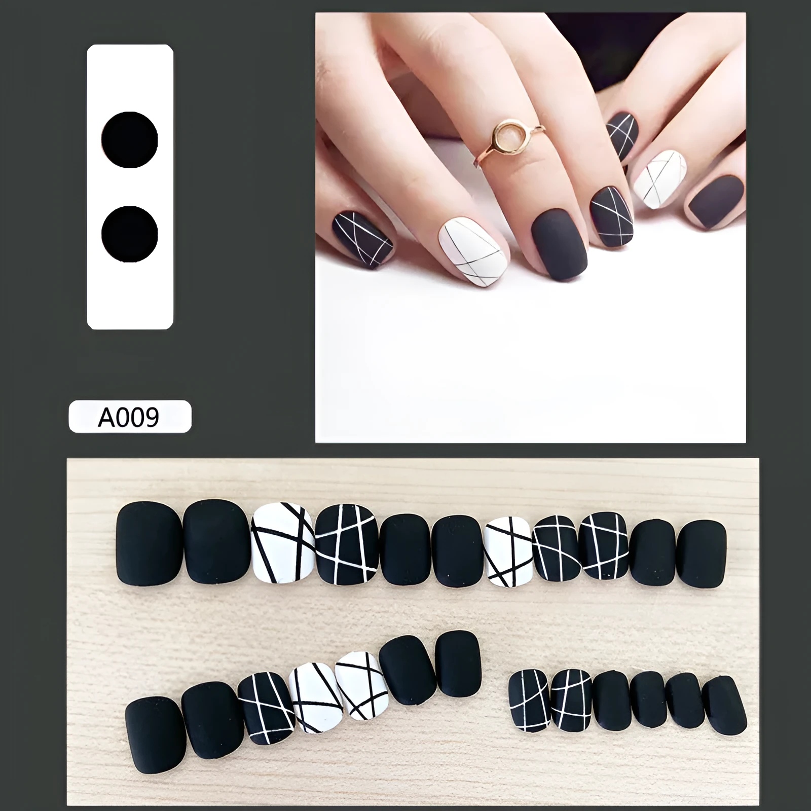 Fake nail patch with matte black and white lines design on a white background