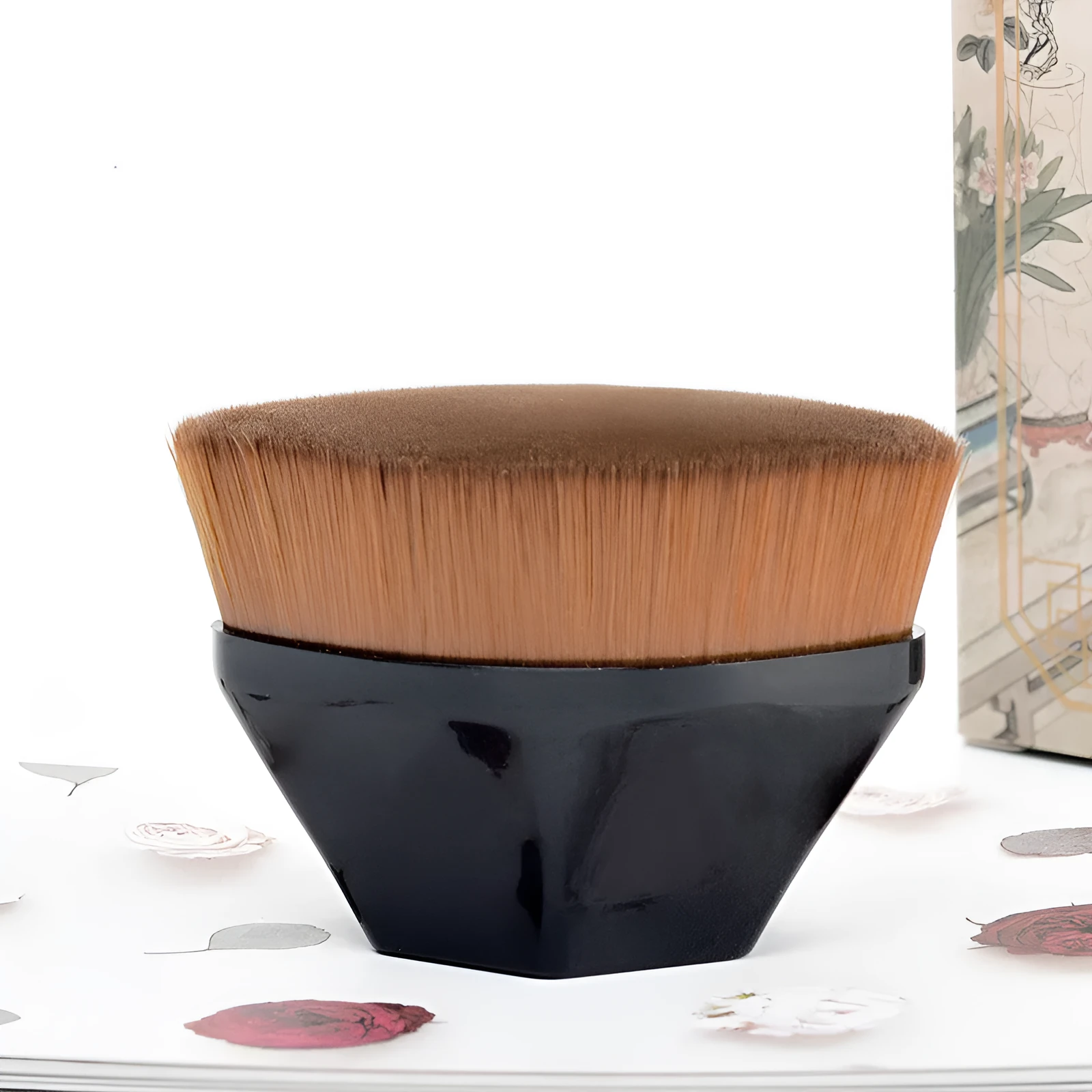 Sakura pink petal foundation brush with soft man-made fibre bristles and a clear storage box