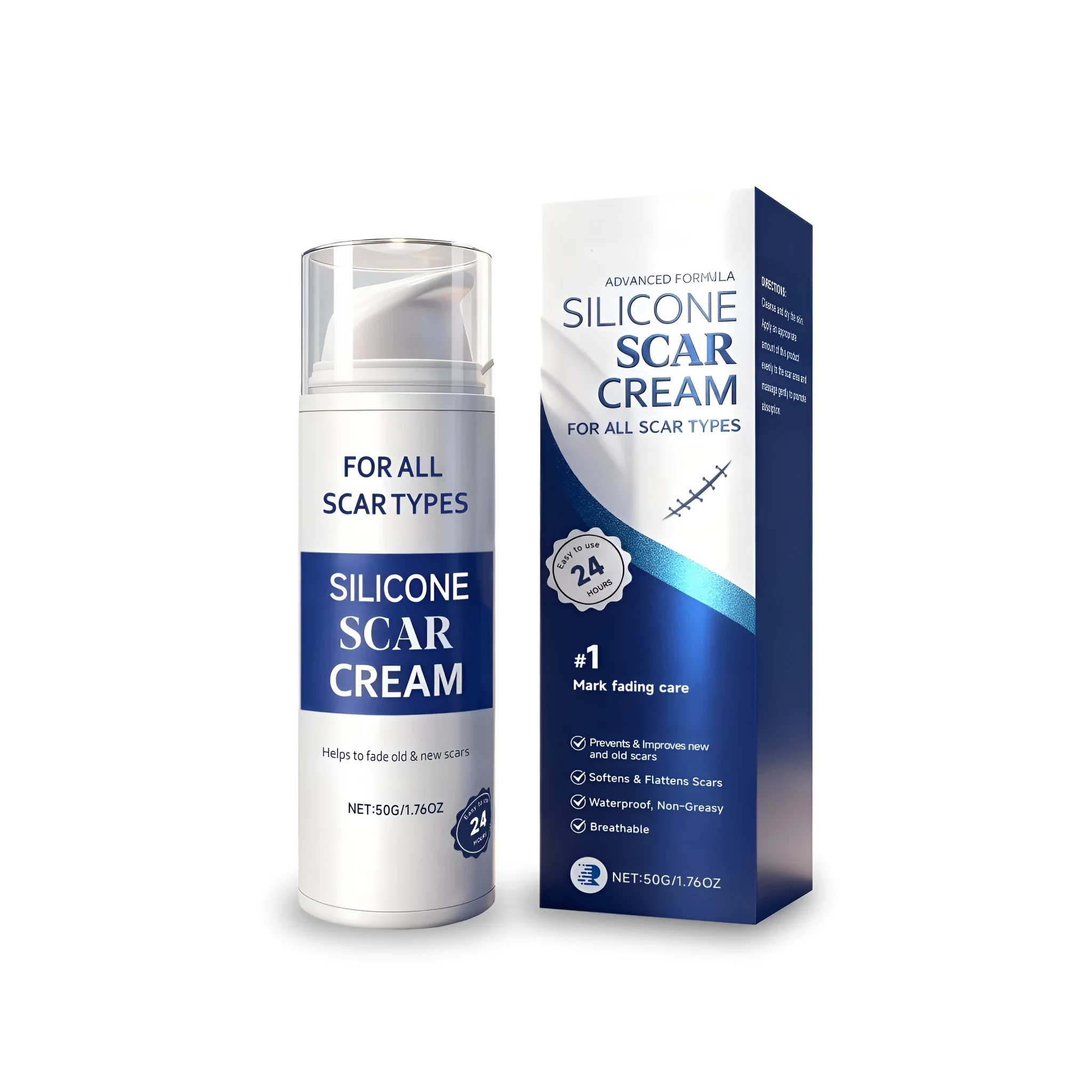 Silicone scar cream in a 50g tube with panthenol vitamin E and vitamin C for scar treatment