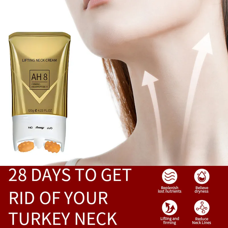 Neck cream tube with roller applicator measuring 8.8x3.5x16.5cm containing 120g wrinkle treatment product