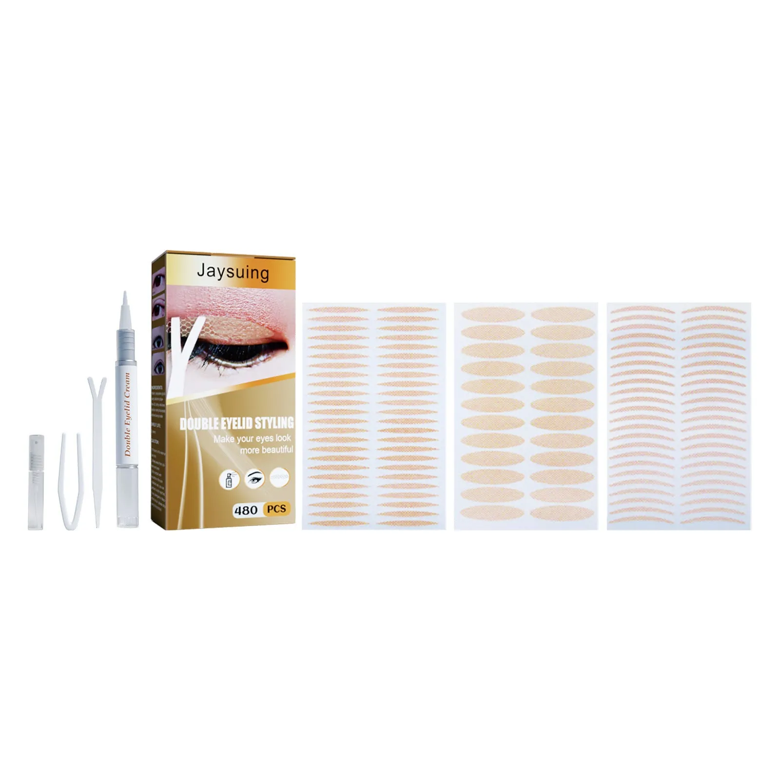 Double eyelid sticker set with 12 sheets and application tools including Y clip and spray bottle