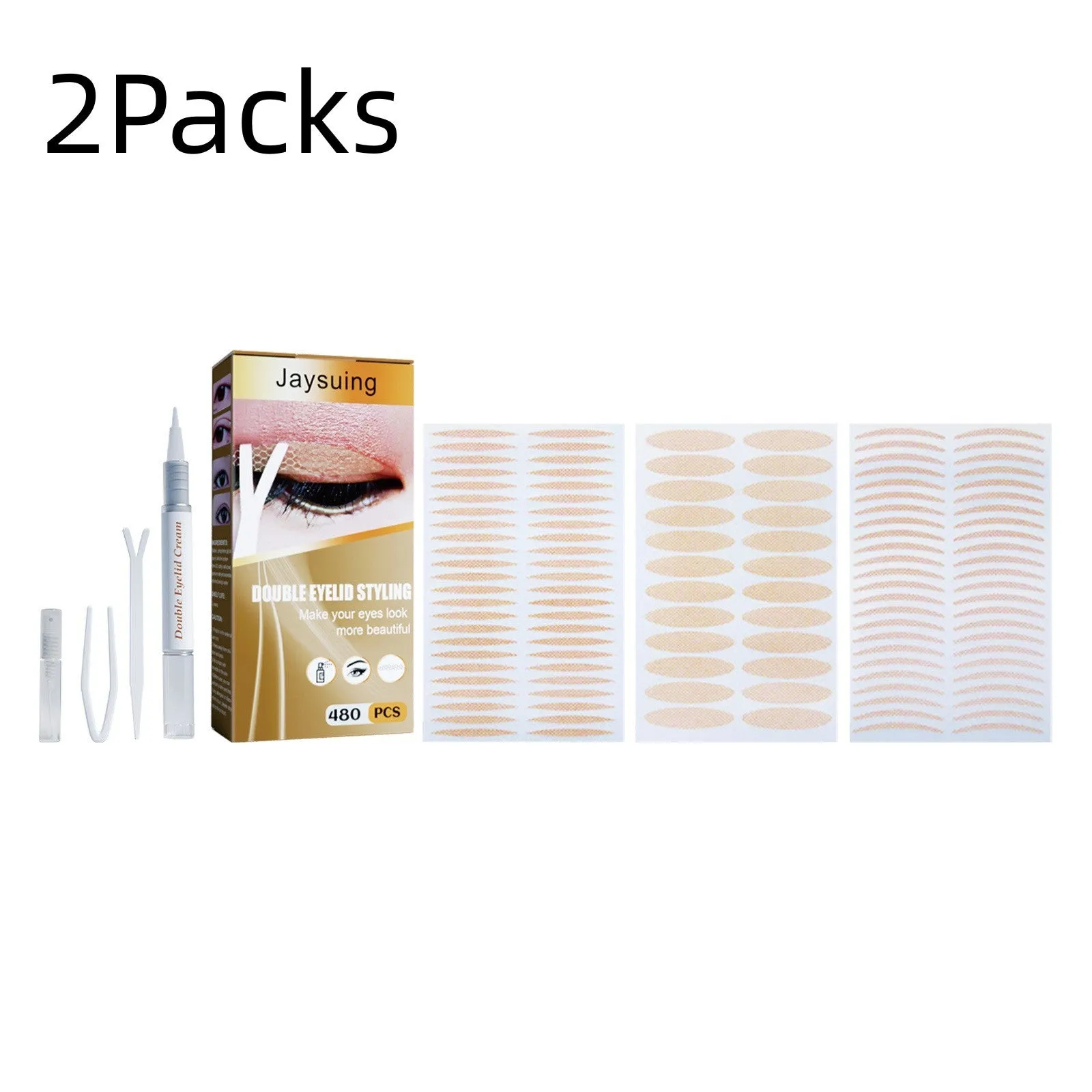 Double eyelid sticker set with 12 sheets and application tools including Y clip and spray bottle