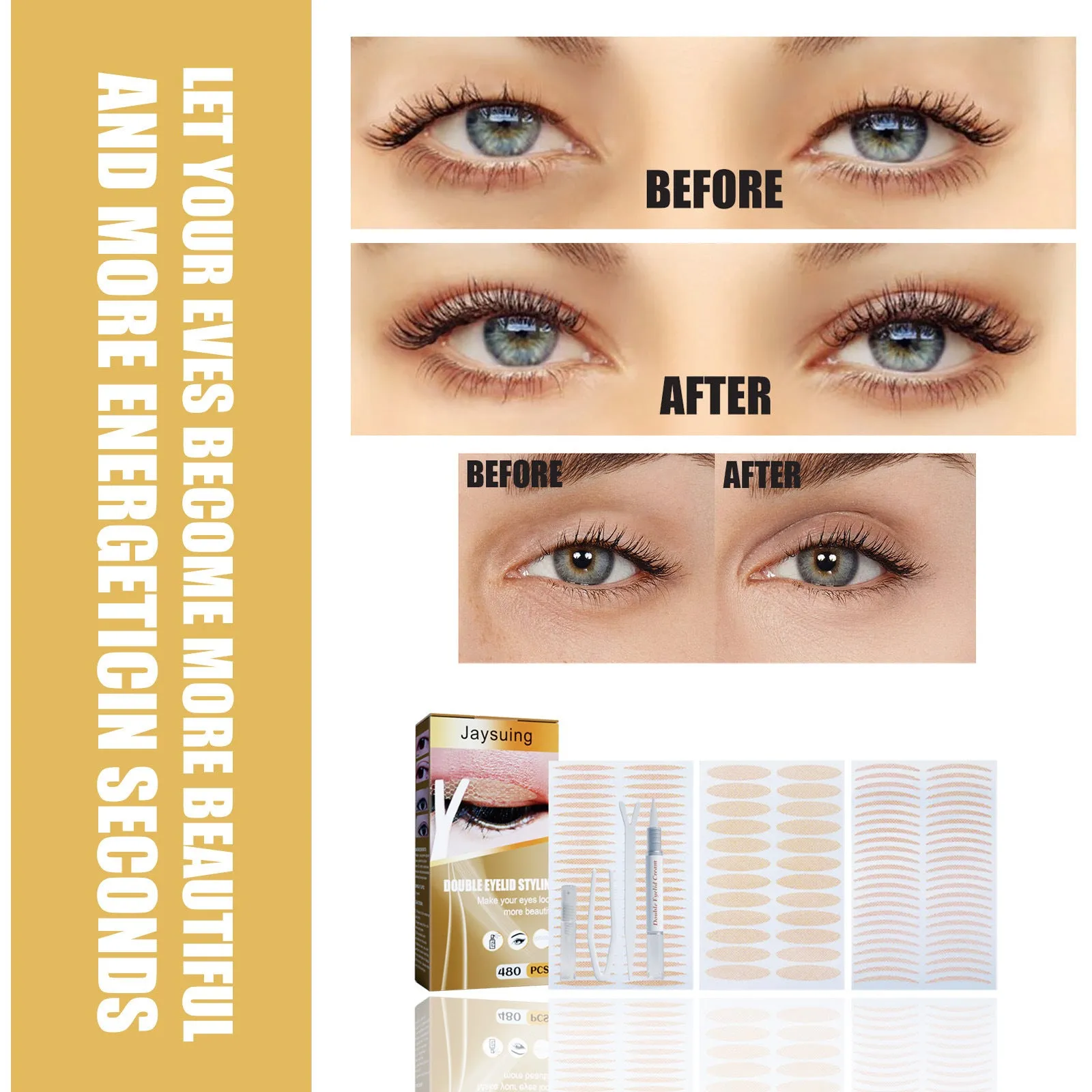 Double eyelid sticker set with 12 sheets and application tools including Y clip and spray bottle