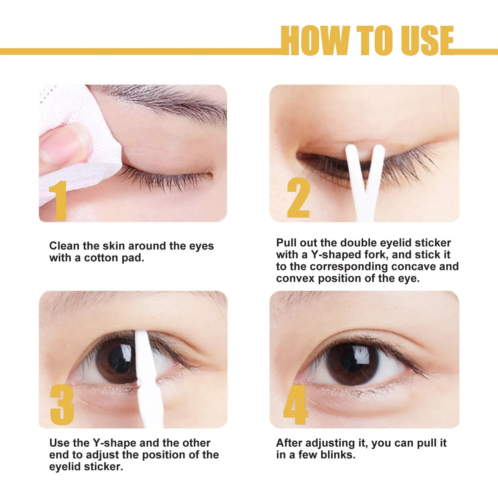 Double eyelid sticker set with 12 sheets and application tools including Y clip and spray bottle
