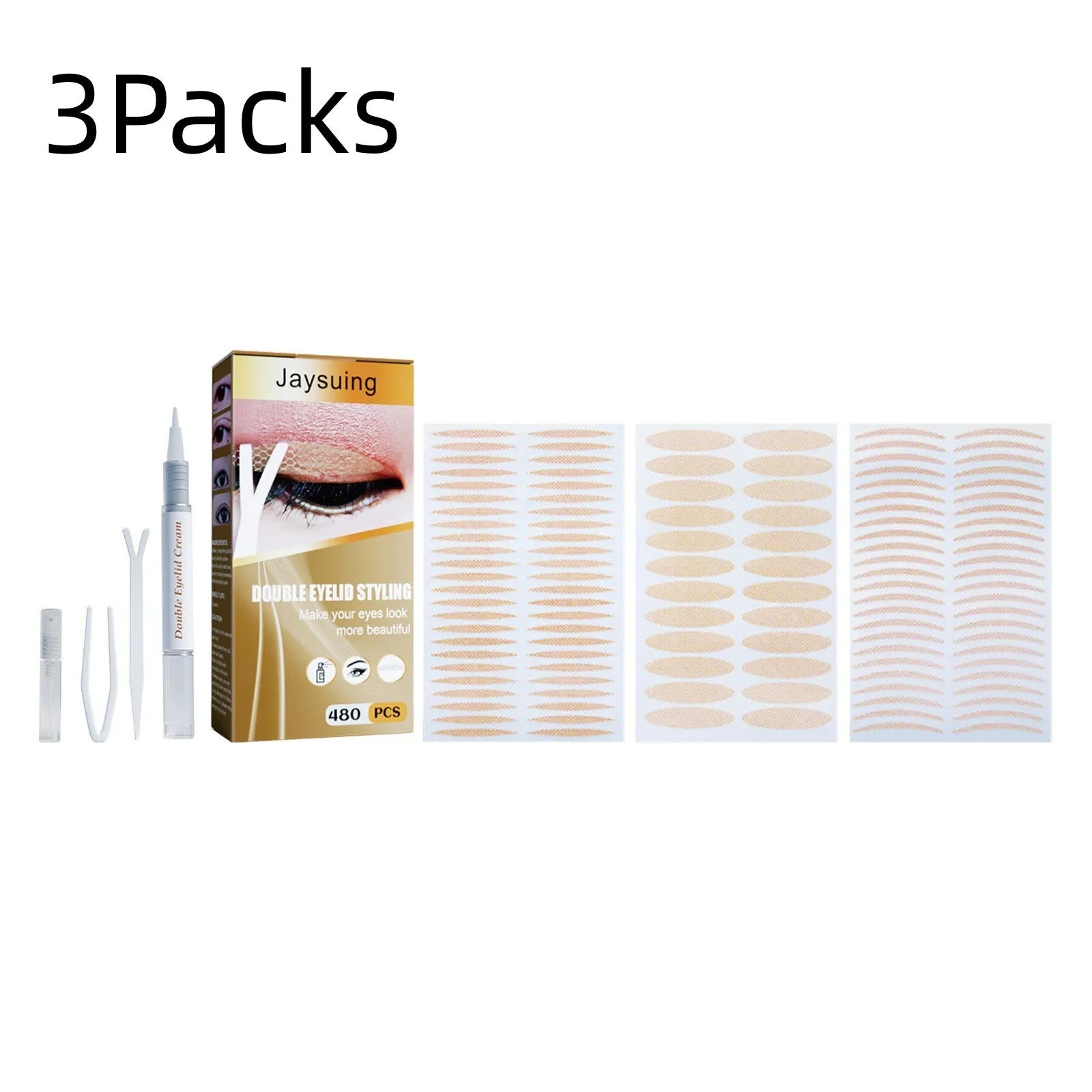 Double eyelid sticker set with 12 sheets and application tools including Y clip and spray bottle