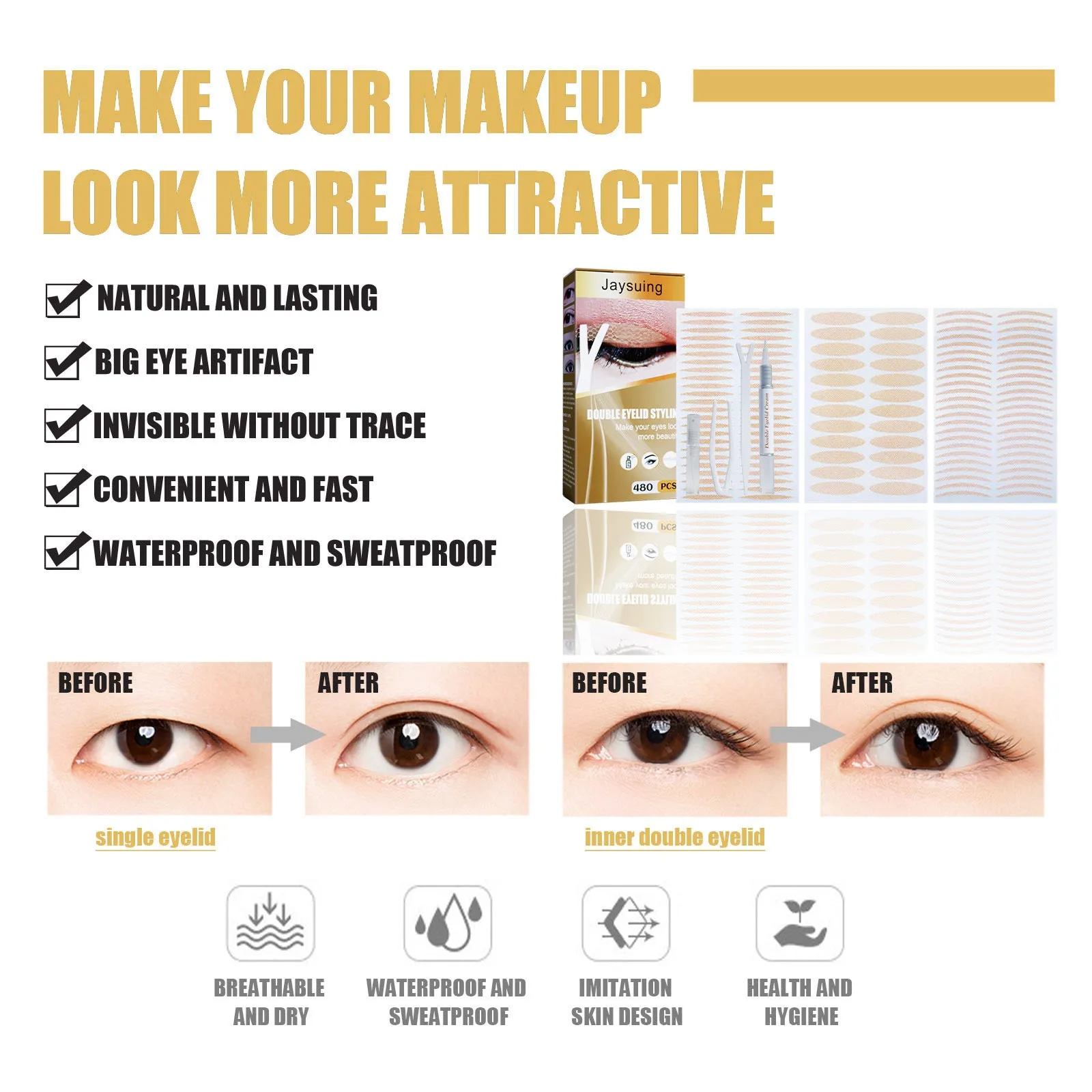 Double eyelid sticker set with 12 sheets and application tools including Y clip and spray bottle