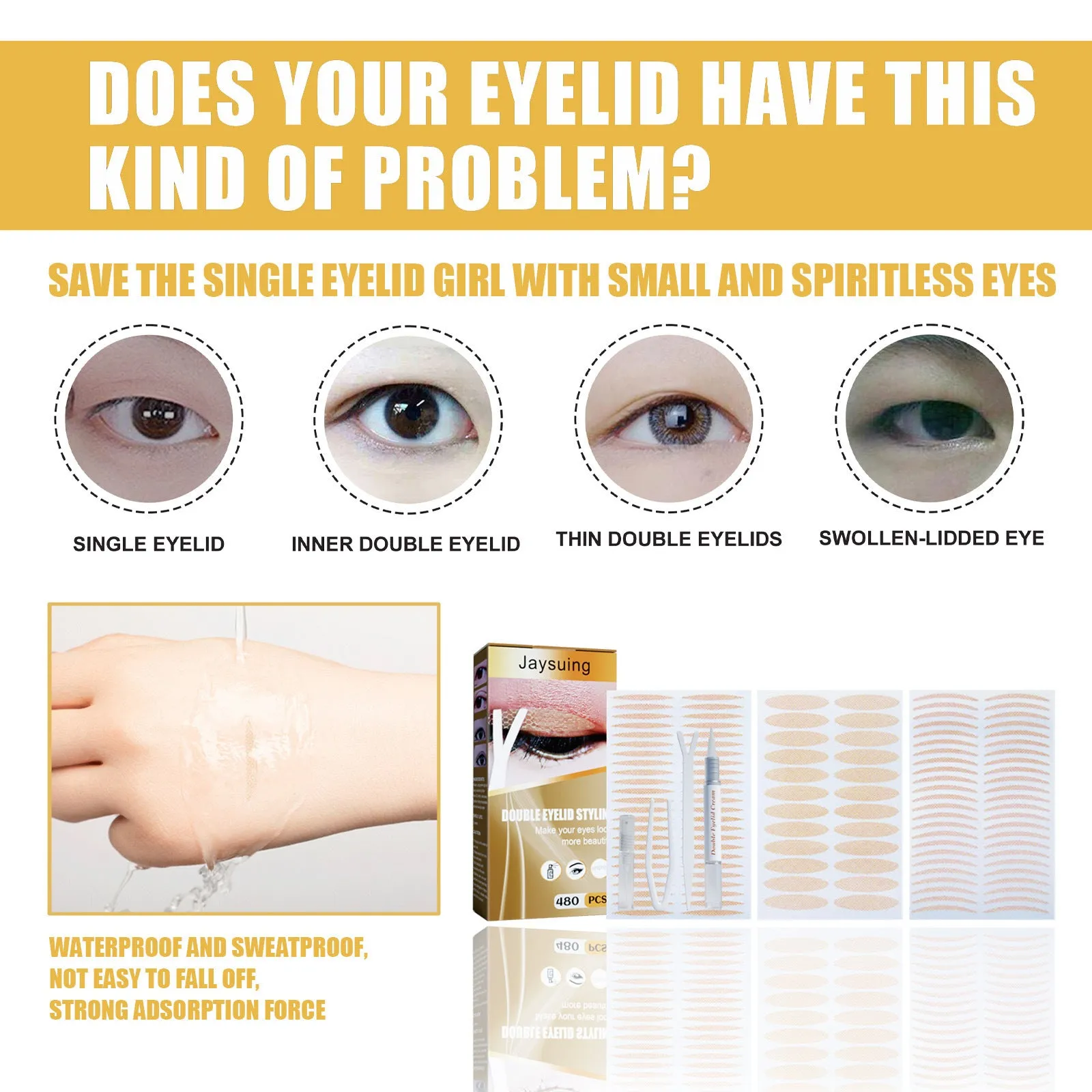Double eyelid sticker set with 12 sheets and application tools including Y clip and spray bottle